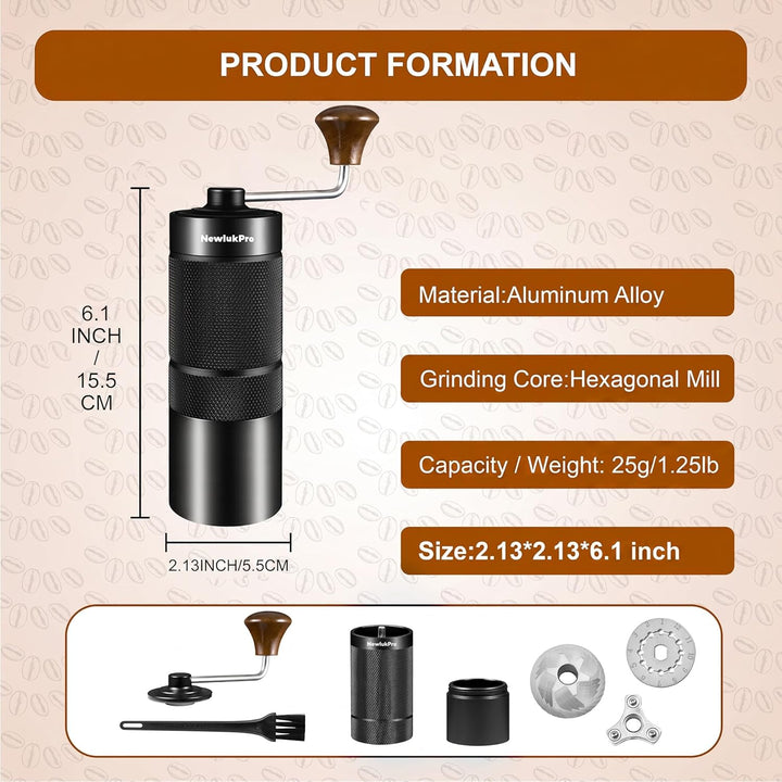NewlukPro M6 Kaffeemühle Handbuch, Kapazität 25g, Hand Kaffeemühle Sharp Hexagonal Mahlkern, tragbar