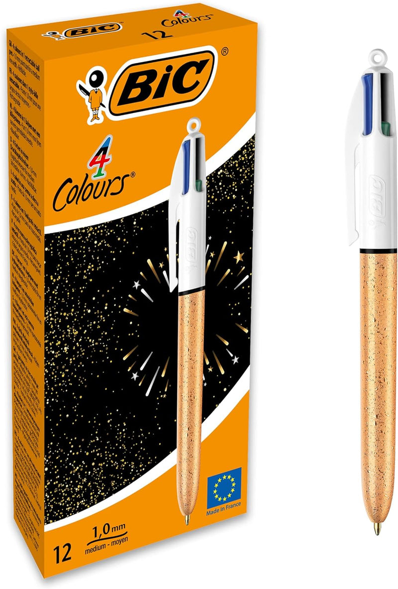 BIC 4 Farben Kugelschreiber, mittlere Spitze (1,0 mm) – Korpus strukturiert, goldfarben, elfenbeinfa