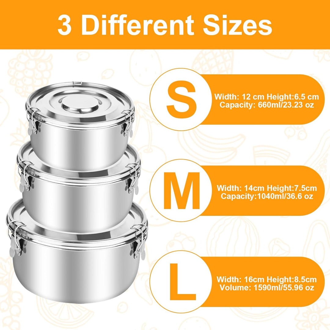 Edelstahl Behälter 3 Pack, 304 Edelstahl Brotdose (660ml/1040ml/1590ml) Erwachsenen Lebensmittelbehä