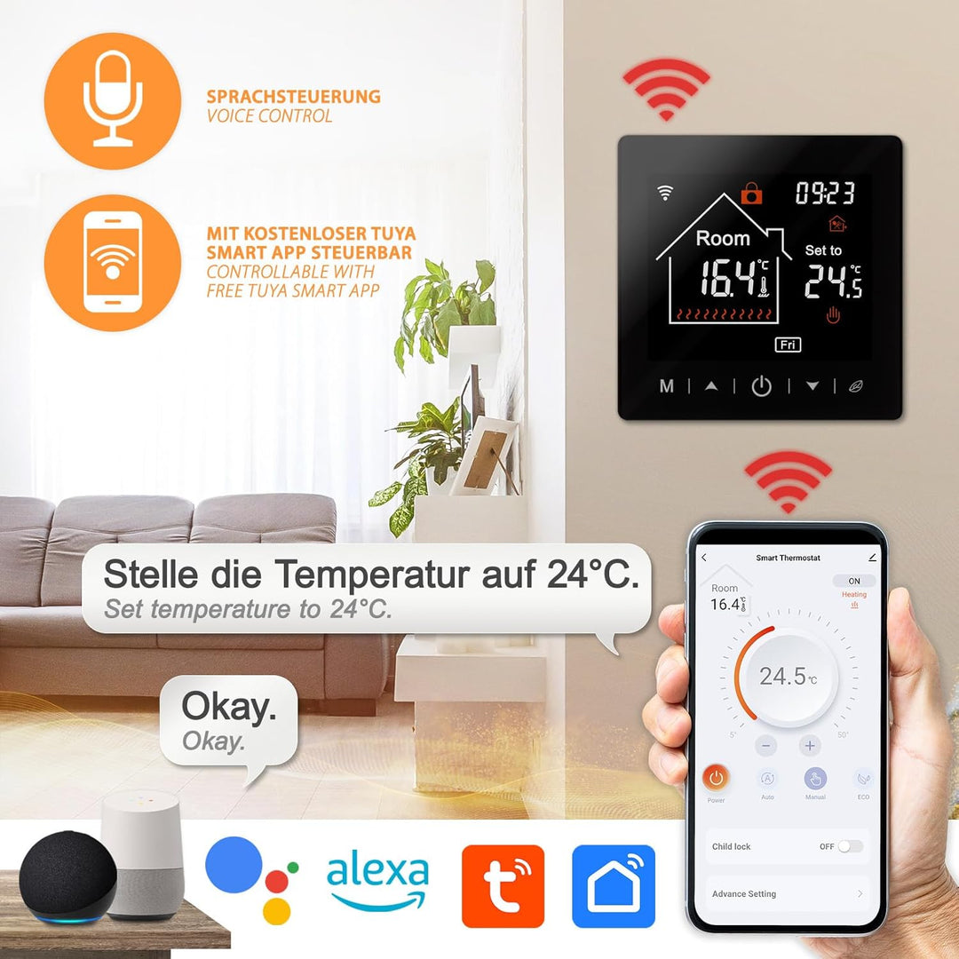 Mi-Heat M2 digital Thermostat WLAN & Bluetooth schwarz - Fussbodenheizung, Wasser und Elektro Fussbo