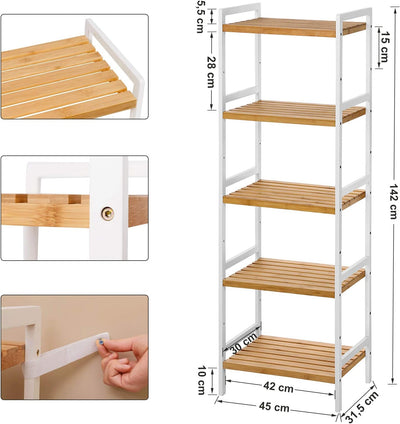 SONGMICS Bambusregal, Küchenregal, Badregal, Bücherregal, Standregal mit 5 Ablagen, 31,5 x 45 x 142