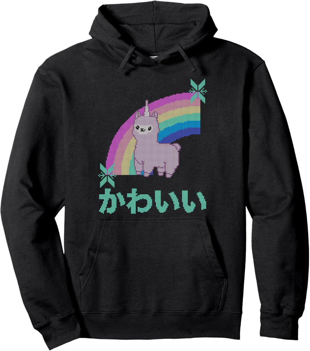 Cute Llamacorn and Pastel Rainbow Ugly Christmas Kawaii Pullover Hoodie