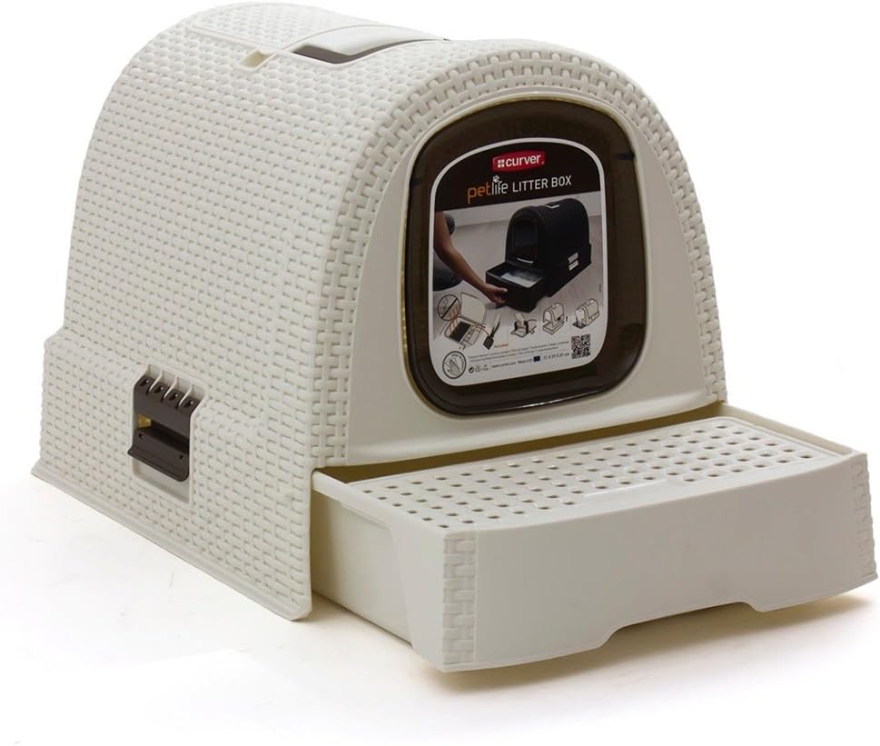Curver petlife Katzentoilette mit Deckel, Katzenklo inklusive Schaufel, moderne Rattangeflecht-Optik