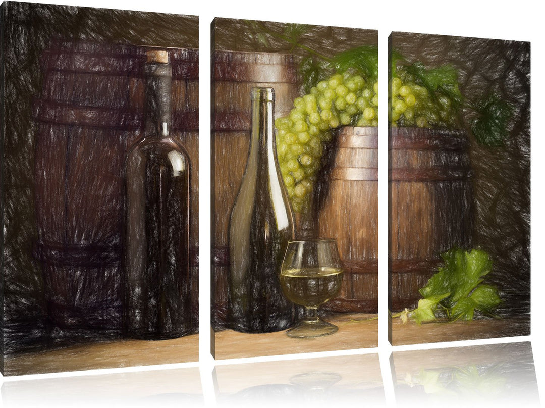 Pixxprint Fässer mit Weintrauben und Wein als Leinwandbild/Grösse: 3 Teilig (120x80 cm) cm/Wandbild/