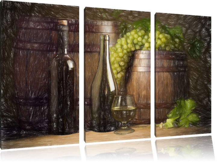 Pixxprint Fässer mit Weintrauben und Wein als Leinwandbild/Grösse: 3 Teilig (120x80 cm) cm/Wandbild/