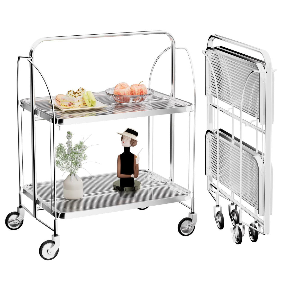 Servierwagen mit Rollen, Servierwagen Klappbar, Dinett 2 Tier Ablagekorb aus Temperglas with Wheels,