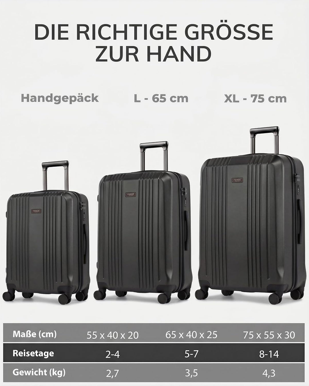 FERGÉ Kofferset 3 TLG Hartschale mit TSA-Zahlenschloss Cannes Reisekoffer Trolley-Set (Handgepäck, L