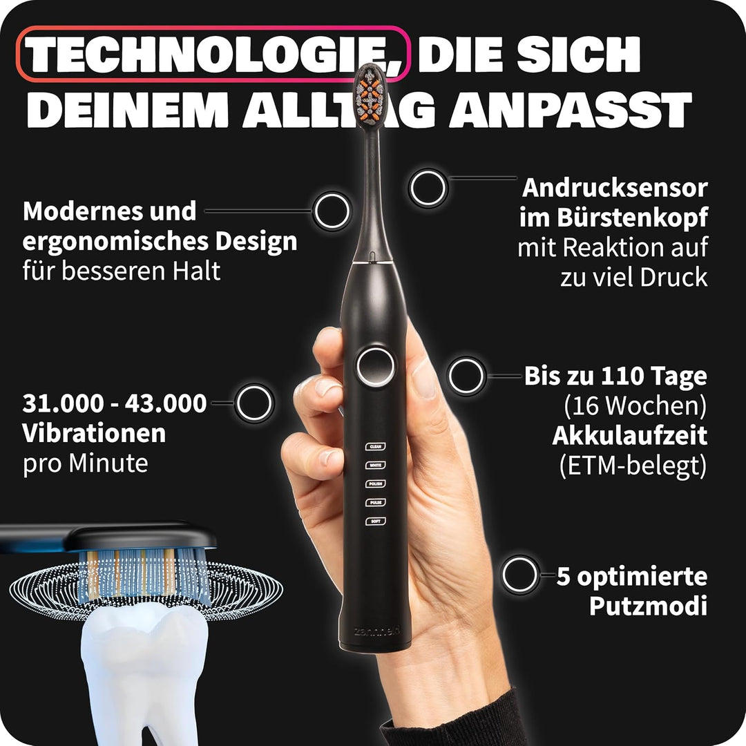 Zahnheld Gero 3 Schallzahnbürste, ETM Test SEHR GUT 93%, IPX7, Schwarz | Elektrische Zahnbürste, bis