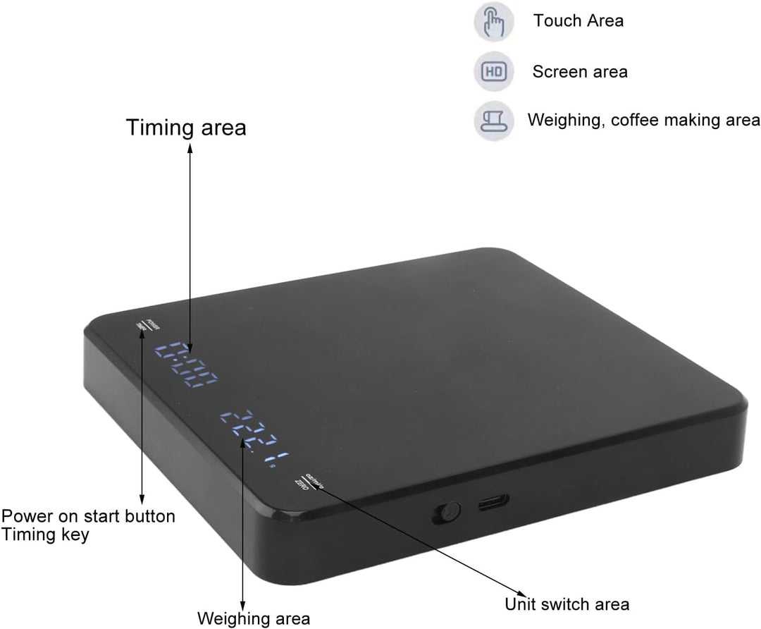 Kaffeewaage, USB-Aufladung, Automatische Nulllöschung, Hohe Genauigkeit, LED-Digitalanzeige, Handgeb