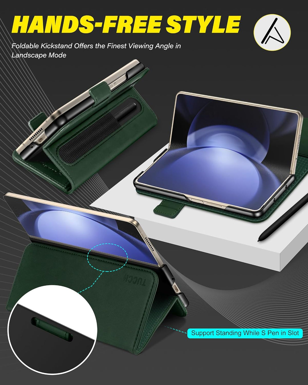 TUCCH Hülle für Galaxy Z Fold 5 Handyhülle 2023 RFID Blocker Stossfeste Tasche S Pen Halter Standfun