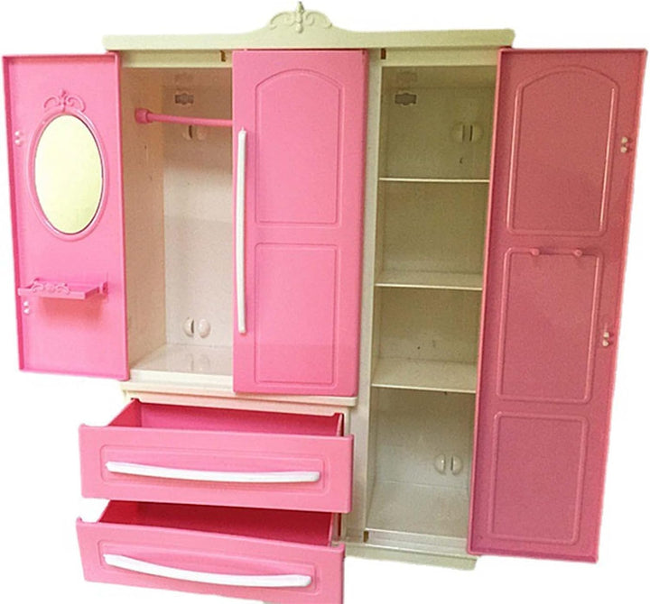 Milageto Puppengarderobe mit 10 Kleiderbügeln, Kleiderorganisation, Puppenhausdekoration, Schublade