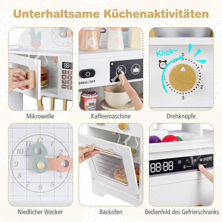 COSTWAY Kinderküche, Spielküche Holz mit 17 Zubehörteilen, Spielzeugküche mit Backofen, Eismaschine,
