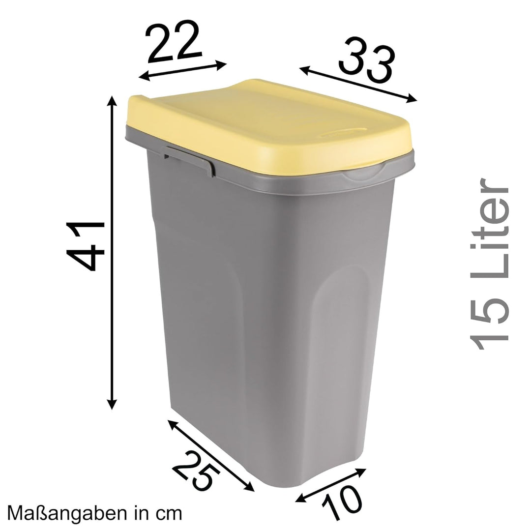 3x 15L Mülleimer Küche gelb grün weiss, Mülleimer 3 Fächer, Mülltrennsystem 3fach, Mülltonne, Abfall