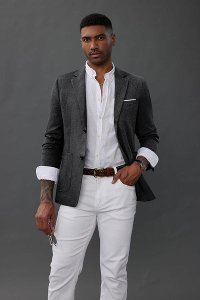 Blazer Herren Leinen Sakkos für Herren mit Gekerbtem Revers 2 Knöpfe Regular Fit, L Grau