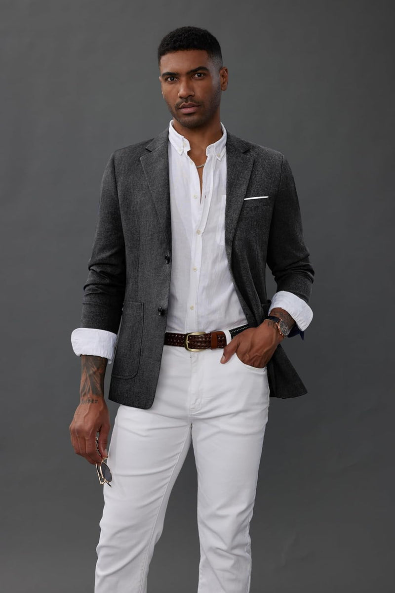 Blazer Herren Leinen Sakkos für Herren mit Gekerbtem Revers 2 Knöpfe Regular Fit, L Grau
