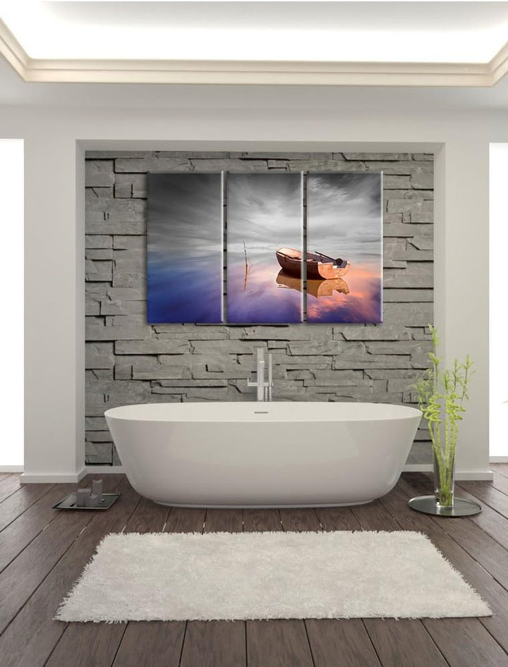 Pixxprint Einsames Boot auf See als Leinwandbild/Grösse: 3 Teilig (120x80) cm/Wandbild/Kunstdruck/fe