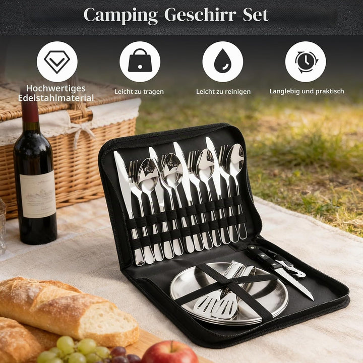Camping Geschirr Set für 4 Personen, 22 Stück Tragbars Campingbesteck Set, Besteck Camping mit Löffe