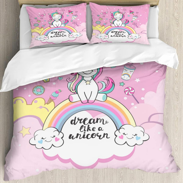 AOXHFNV Rosa Einhorn Bettbezug,Schöner Regenbogen weisse Wolke Einhorn Mädchen Kinder Bettwäsche 135