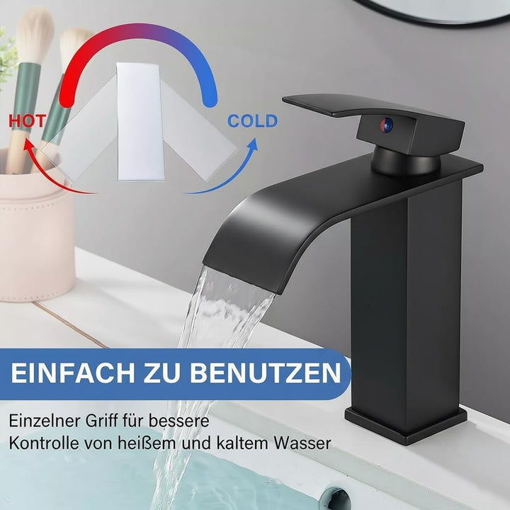 Faizee Home | Wasserfall Armatur Schwarz – Elegante Waschtischarmatur aus Messing mit breitem Auslau