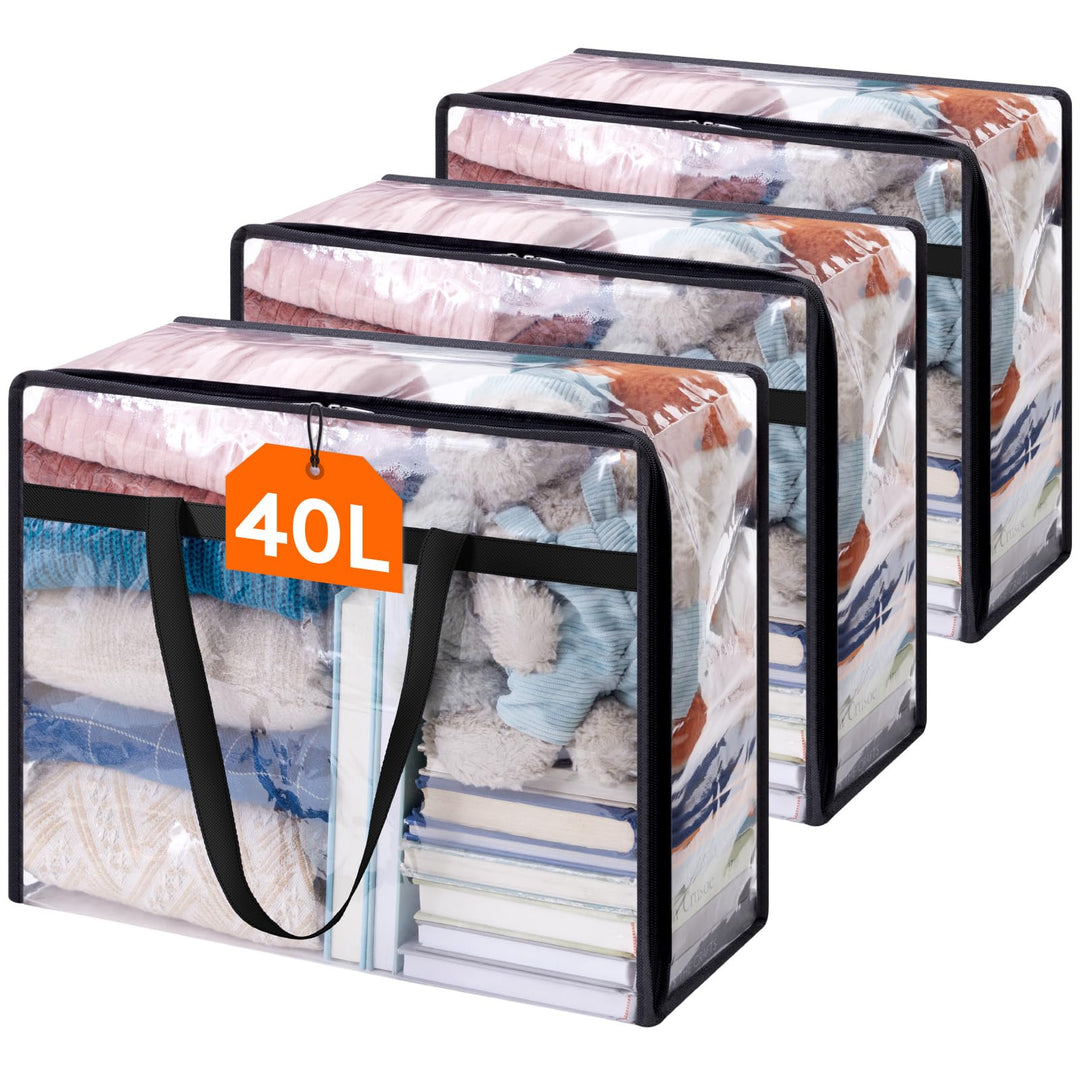 Lifewit 3 Stück Transparente Plastik Aufbewahrungstasche, 40L Kleiderschrank Organizer Aufbewahrungs