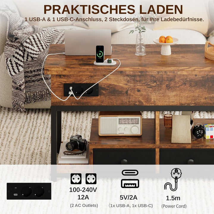 IRONCK Couchtisch Höhenverstellbar, LED Wohnzimmertisch mit Steckdosen, 2AC+USB+USB‑C, Kaffeetisch H