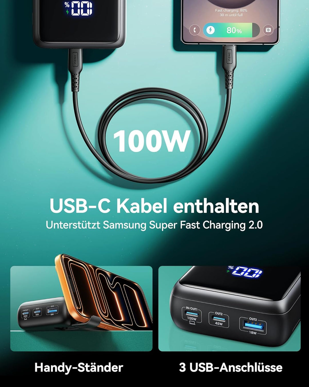 INIU Power Bank, 65 W PD 25000 mAh Powerbank, Ultimatives USB-C-Schnellladen (Laden von Telefon und