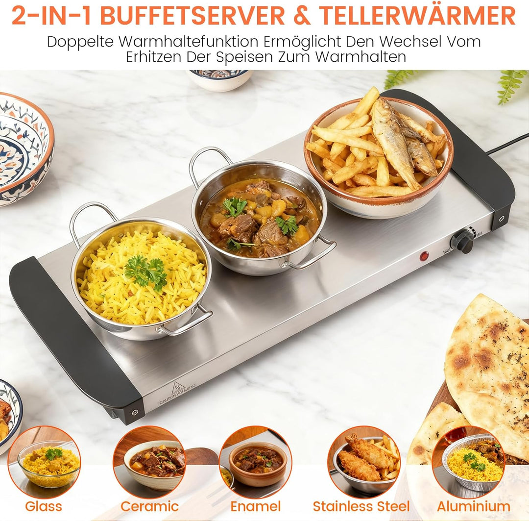 2in1 Warmhalteplatte und Buffetwärmer aus Edelstahl 200W mit 3x1,5L Speisebehältern Gleichmässige Wä
