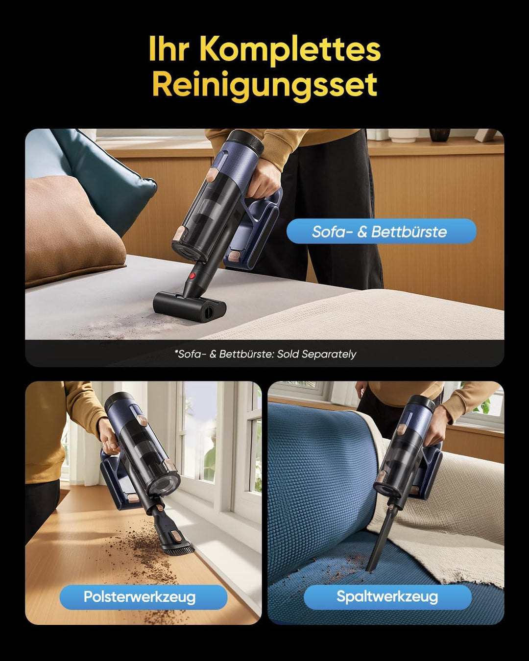 Vexilar Akku Staubsauger 50000Pa/450W/50Min, Staubsauger Kabellos mit Green LED, Leichter 6-in-1 Akk