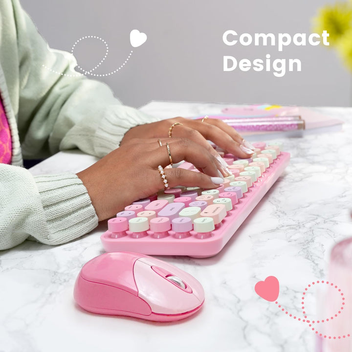 Perixx PERIDUO-802PK Bluetooth Mini Keyboard and Mouse Combo - Retro Round Key Caps - Pastel Pink -