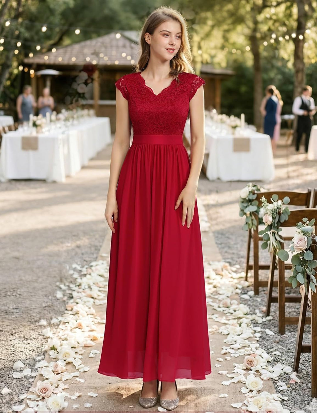 Dressystar Damen Spitzenkleid Elegant Hochzeit Abendkleider Maxi Cocktailkleid M Band_rot, M Band_ro