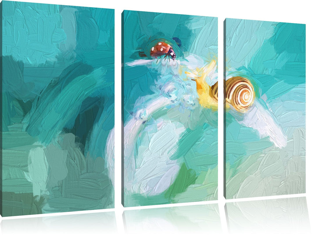 eine Schnecke und Marienkäfer auf einer Pflanze Kunst Pinsel Effekt 3-Teiler Leinwandbild 120x80 Bil
