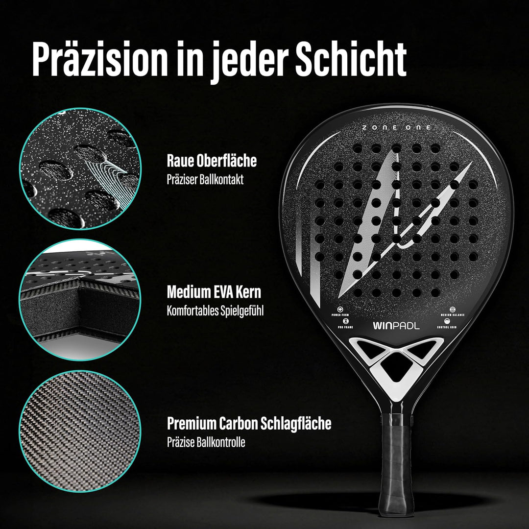 Padelschläger Zone One aus Carbonfaser - 100% Carbon-Rahmen, Soft-Eva-Kern, 365 g, Tropfenform, raue