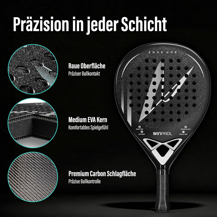 Padelschläger Zone One aus Carbonfaser - 100% Carbon-Rahmen, Soft-Eva-Kern, 365 g, Tropfenform, raue