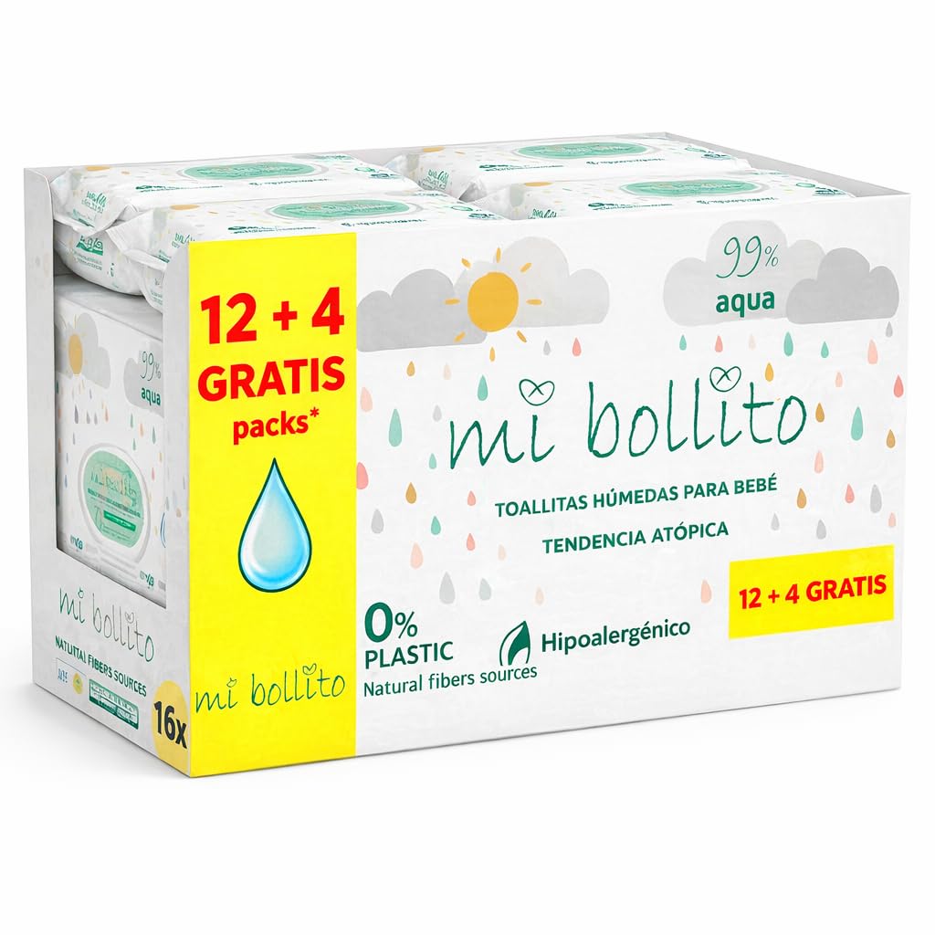 Babytücher – 99 % reines Aqua – 100 % pflanzliche Fasern – 960 Tücher – 12 Packungen + 4 gratis – he