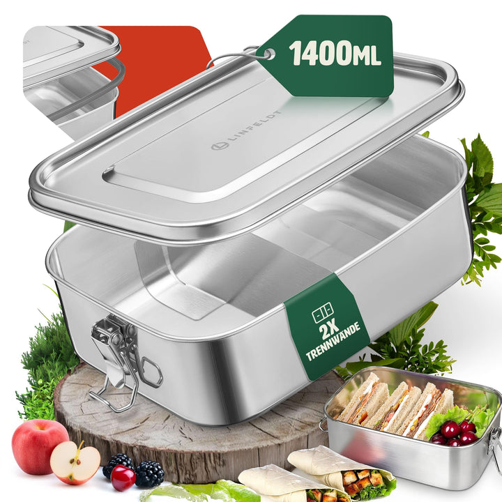 LINFELDT® Brotdose Edelstahl mit Fächern 1400ML - TOP EDELSTAHL BROTDOSE | Lunchbox Edelstahl - Brot