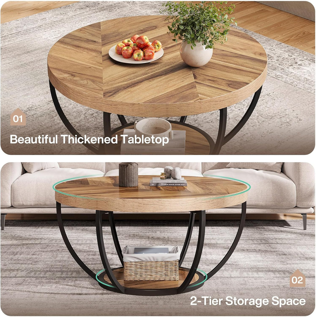 Tribesigns Runde Couchtisch, Industrial 2-Tier-Kreis Couchtisch mit Lagerung Regale, Moderne hölzern