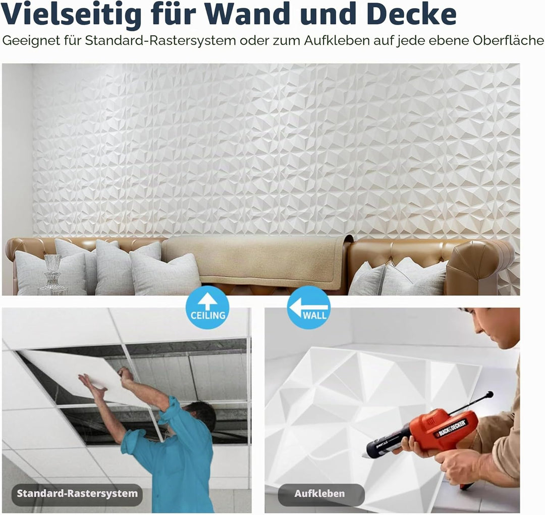 Art3d 33 Stück 3D Wandpaneele Diamant 30,5 x 30,5 cm matt schwarz, Hochsteifes PVC, Dauerhaft, Nicht