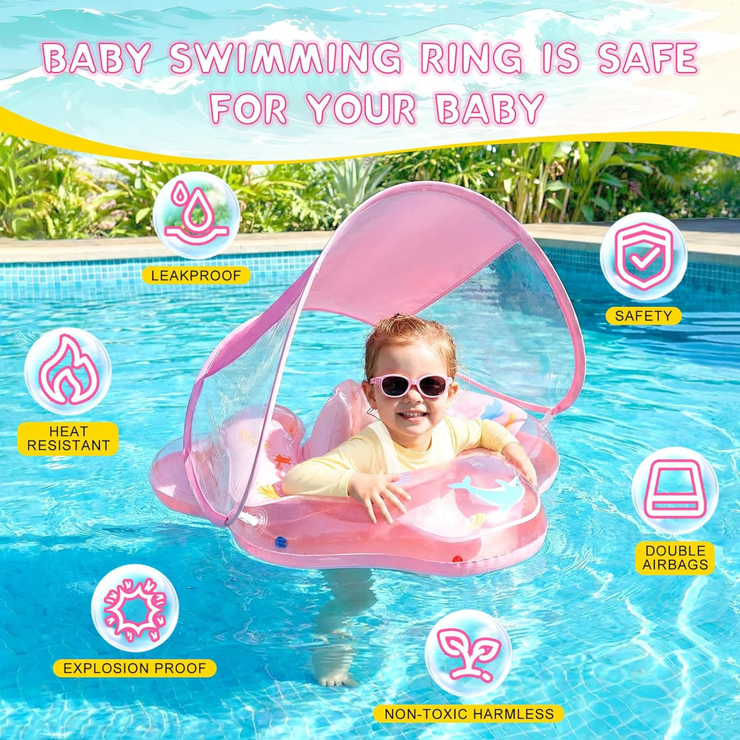 Baby Schwimmring mit abnehmbarem Sonnenschutz und Glöckchen, inklusive 1 x Handpumpe und 2 x Reparat