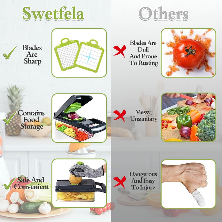 Sweetfela 18-in-1 Gemüseschneider, Multifunktion, Zerkleinerer mit 7 Klingen, Fäustlinge, Reinigungs