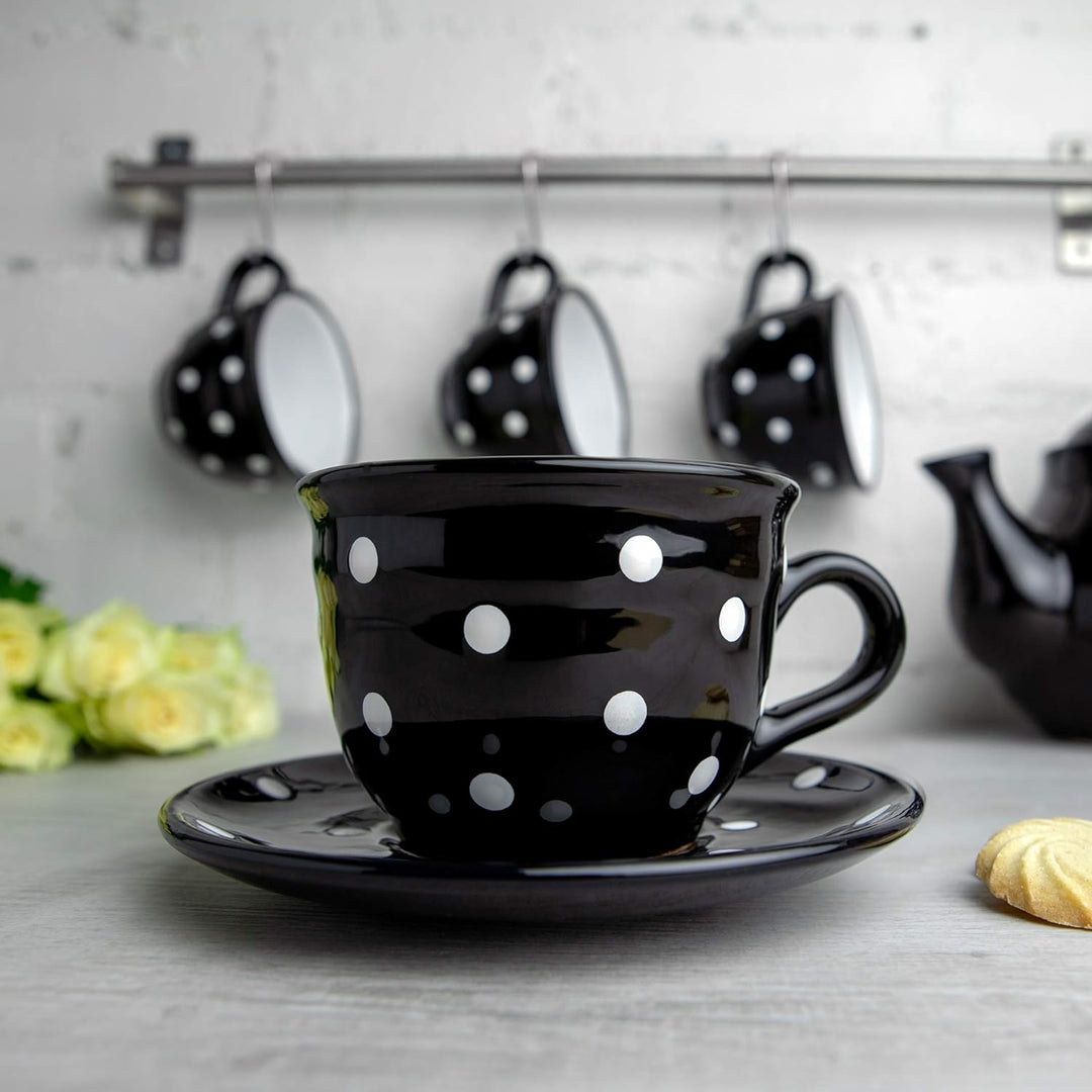 City to Cottage® - Keramik Kaffebecher Teetasse 350 ml | Schwarz und Weiss | Polka Dots | Handgemach