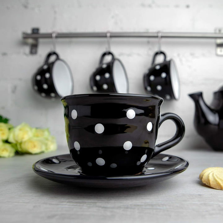 City to Cottage® - Keramik Kaffebecher Teetasse 350 ml | Schwarz und Weiss | Polka Dots | Handgemach