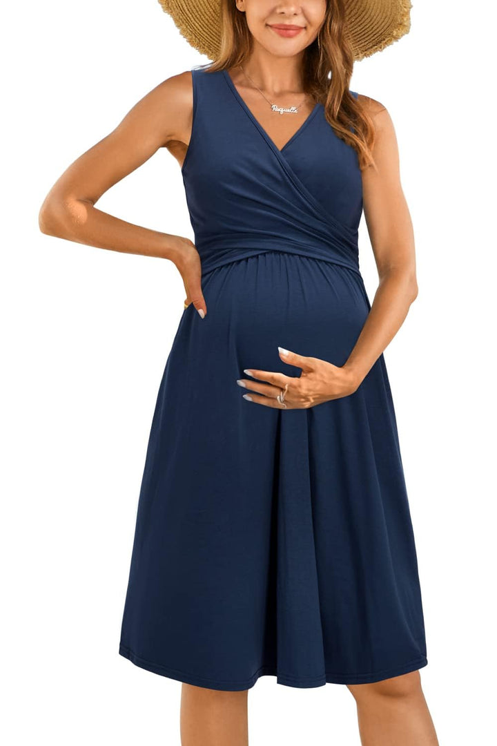 OUGES Damen Sommer Umstandskleid Stillkleid Baumwolle Schwangere Lässiges Frühling Kleider mit Tasch