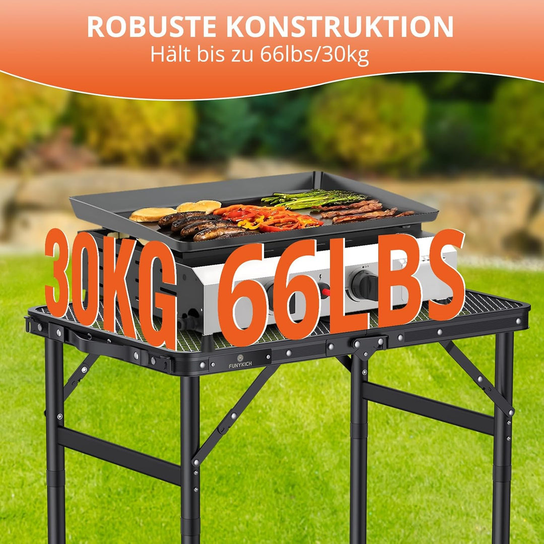 FUNYKICH Tragbarer Grilltisch 58 x 40cm, Campingtisch Outdoor Klappbar mit 3 Höhen Verstellbarer(26/