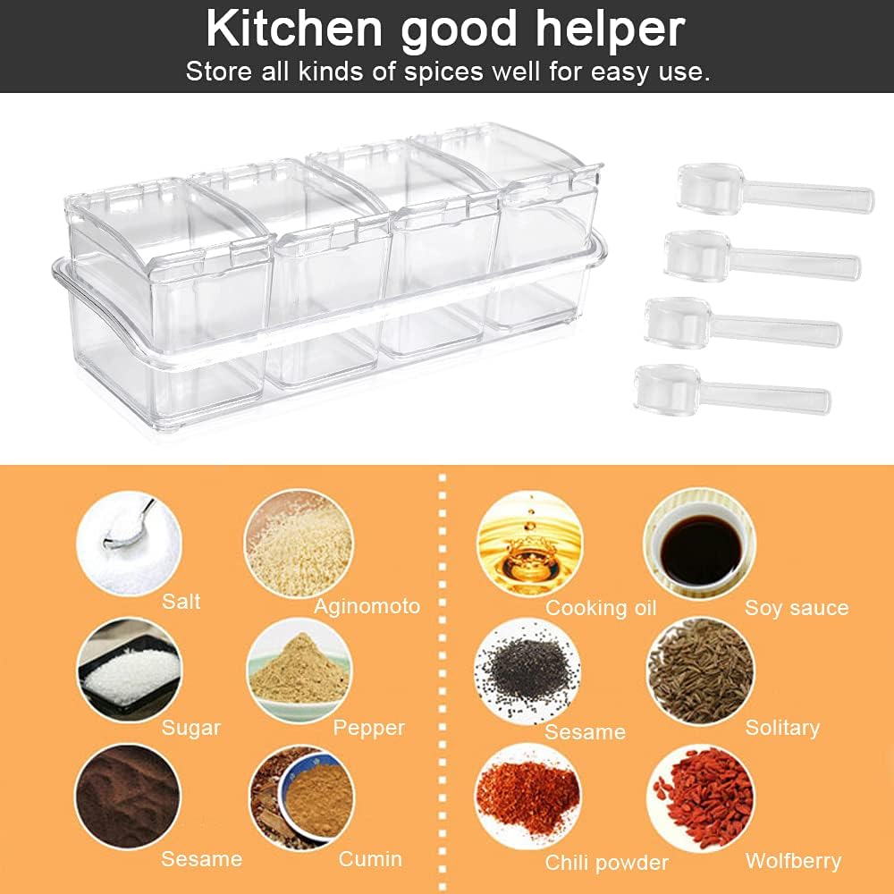 4 Stück Küche Gewürzbox Acryl Würze Box Transparent Gewürzbehälter Spice Dosen mit Löffeln und Abdec