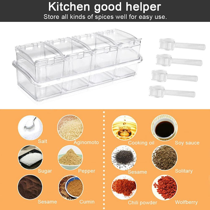4 Stück Küche Gewürzbox Acryl Würze Box Transparent Gewürzbehälter Spice Dosen mit Löffeln und Abdec