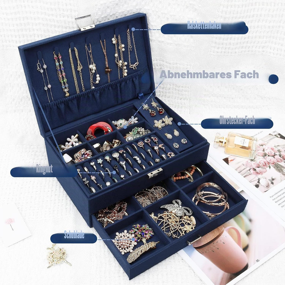 Schmuckkasten, Schmuckkästchen mit Schubladen für Damen Mädchen, Samt Schmuckbox Schmuckschatulle Gr