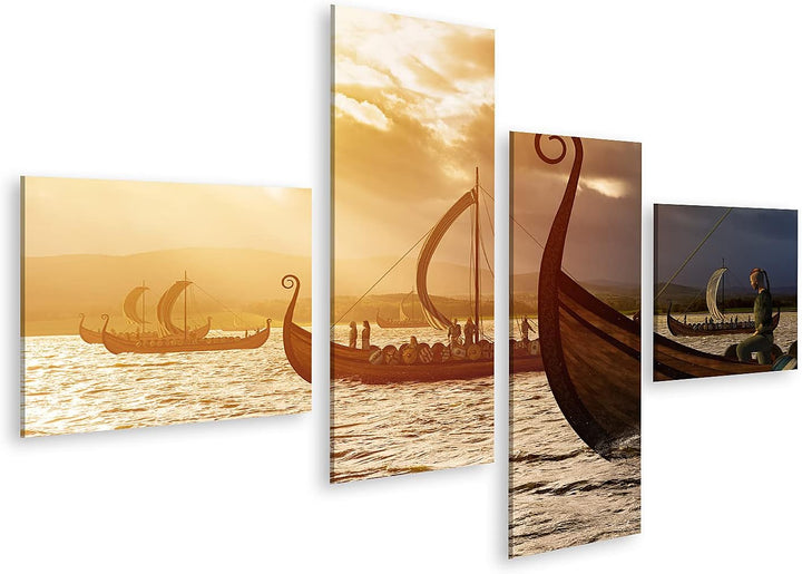 islandburner Bild auf Leinwand Wikinger Sturm Schiffe Meer Bilder Wandbilder Poster Leinwand 150x80c