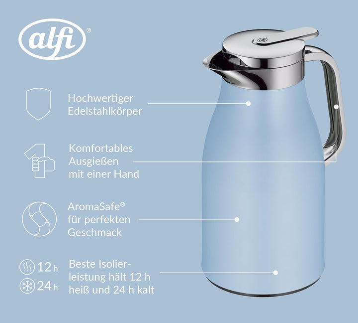 alfi SKYLINE 1,0l, pastel water, Edelstahl-Isolierkanne mit hygienischem Hartglaseinsatz, Drehversch