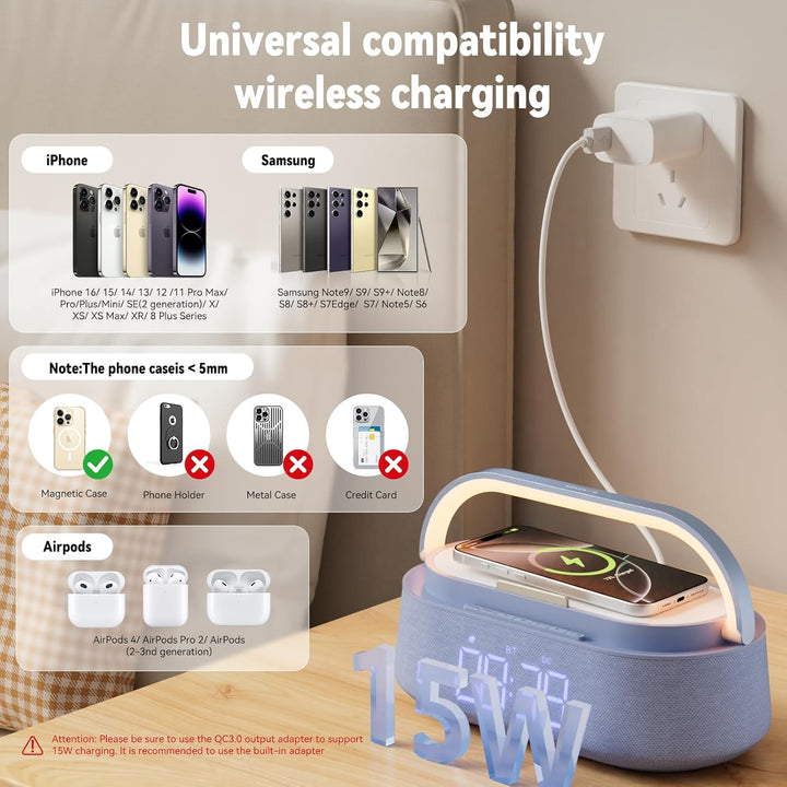 COLSUR Radiowecker Digital mit Wireless Charger, Bluetooth Lautsprecher Smart Wecker Schlummerfunkti
