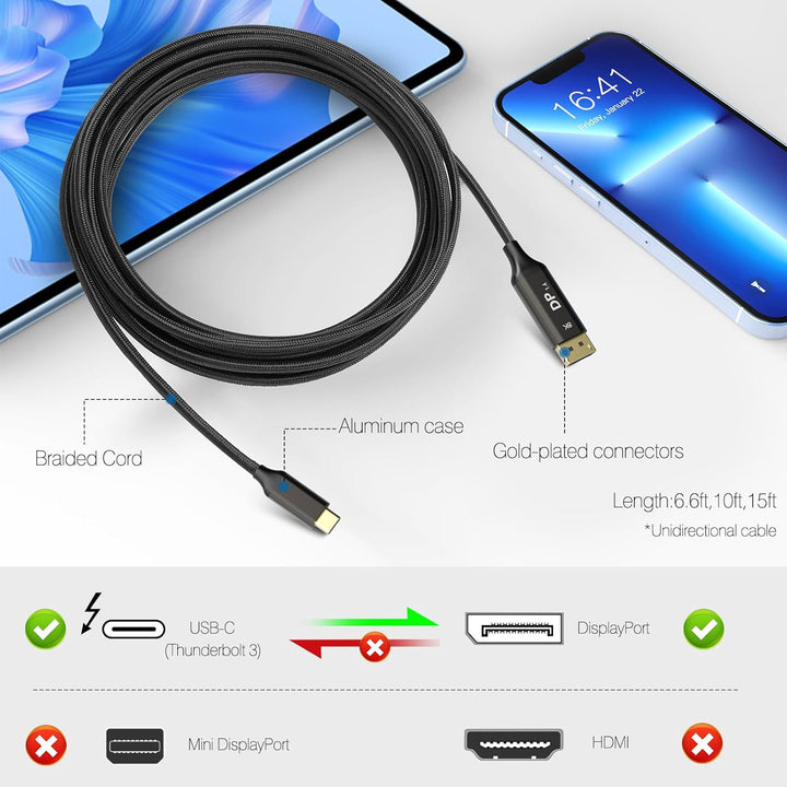 USB C auf DisplayPort 1.4 Kabel 3.0 m, [8K @ 60Hz, 4K @ 144Hz] Thunderbolt 4/3 auf DP Kabel Unterstü